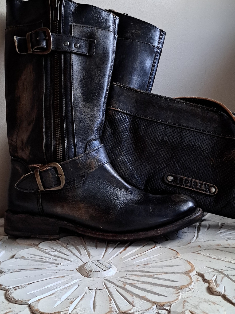 BED|STU Black Leather Buckle Gogo Boots And Crossbody Bag